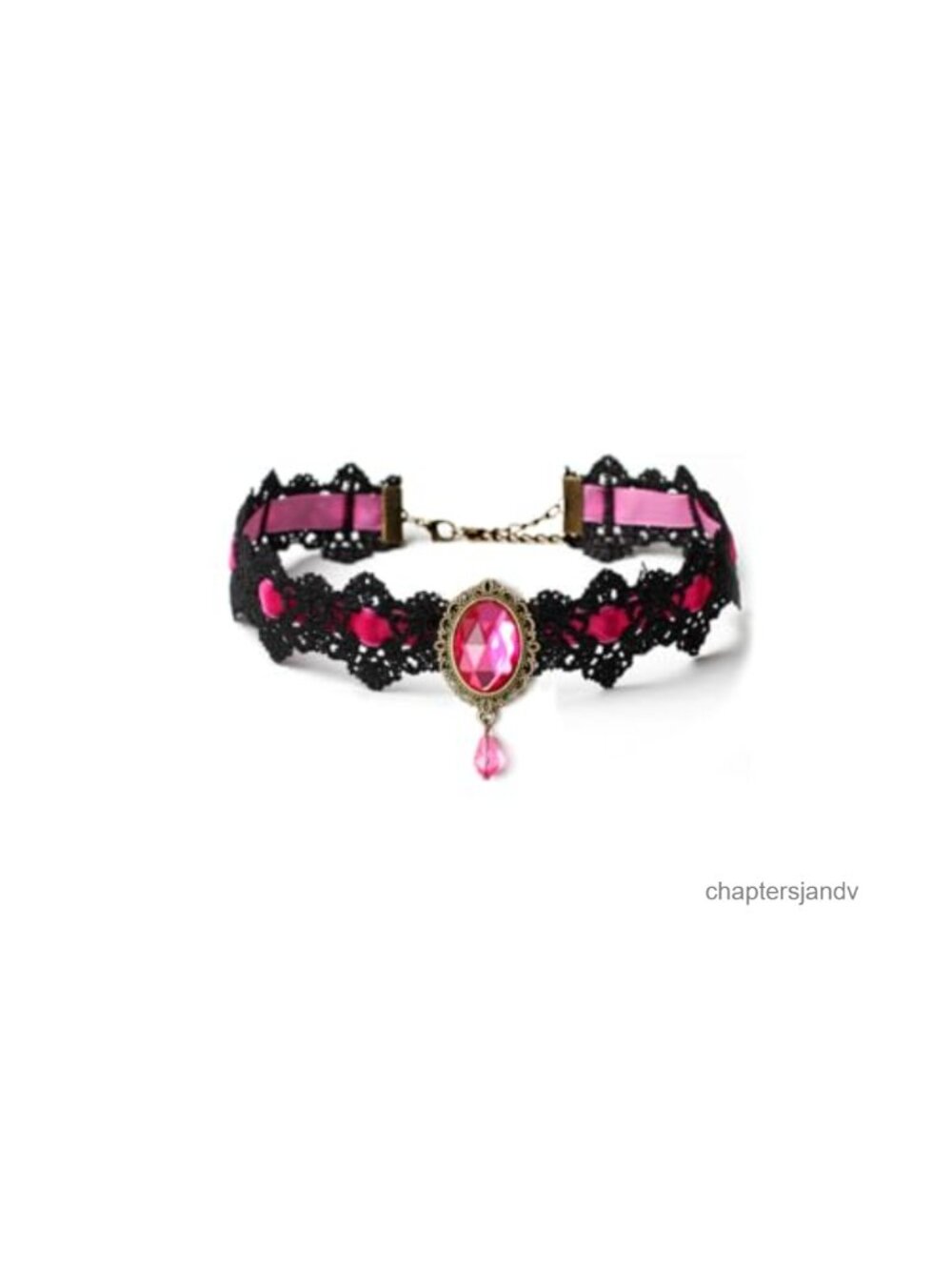Gothic Black Lace Choker Necklace with Red Crystal Blood Droplets